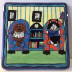 Cat and Dog Reading Trivet Tile by Candace Reiter